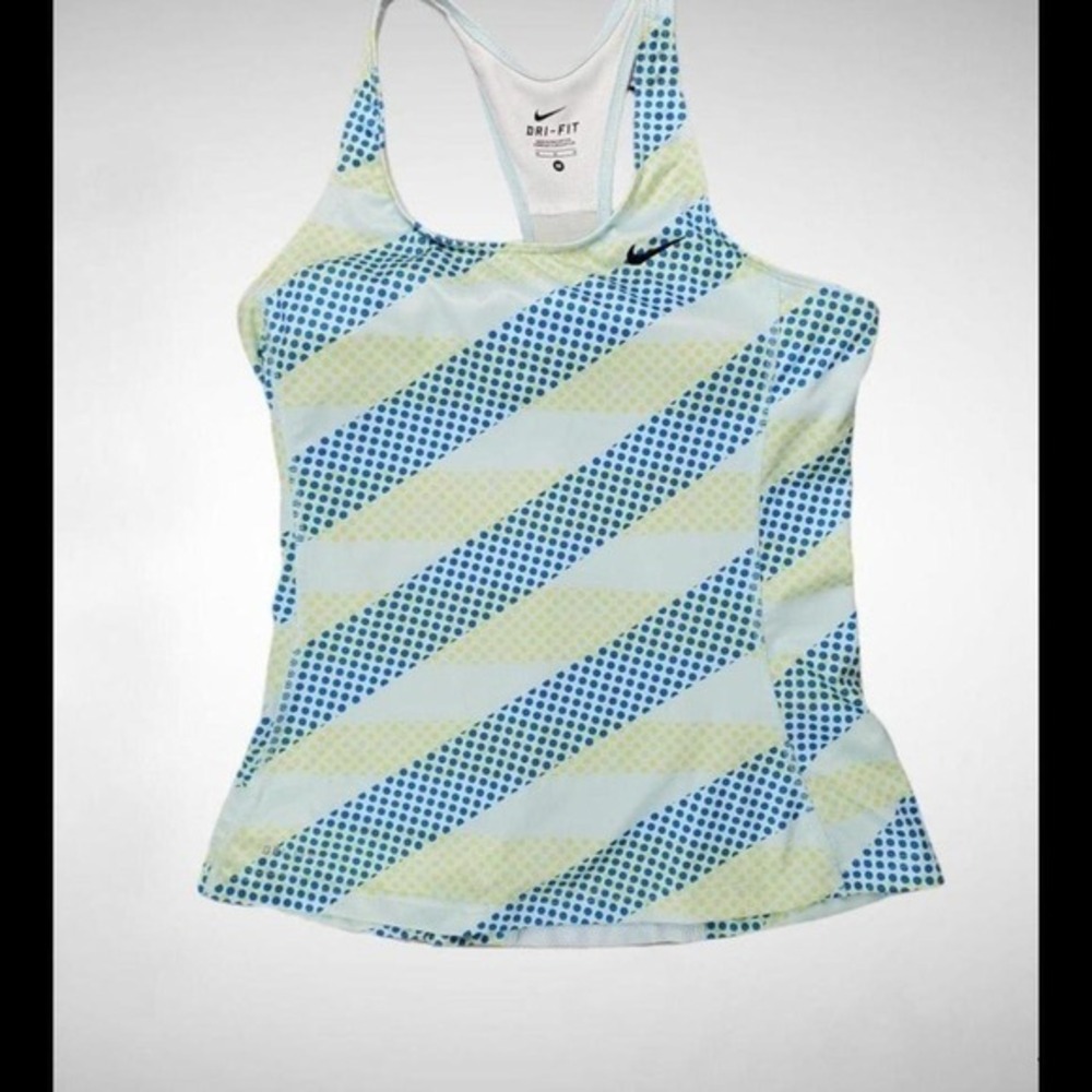Nike Dri-FIT Womens Racerback Tank Top Blue Lime Green Polka Dot Stripe Medium
